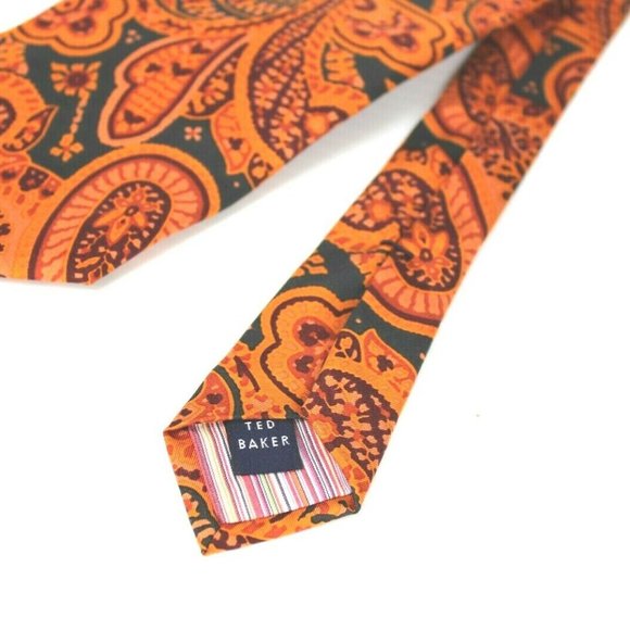 Ted Baker London Men's Silk Neck Tie Made in USA Orange Flowers Floral Print - Picture 2 of 4
